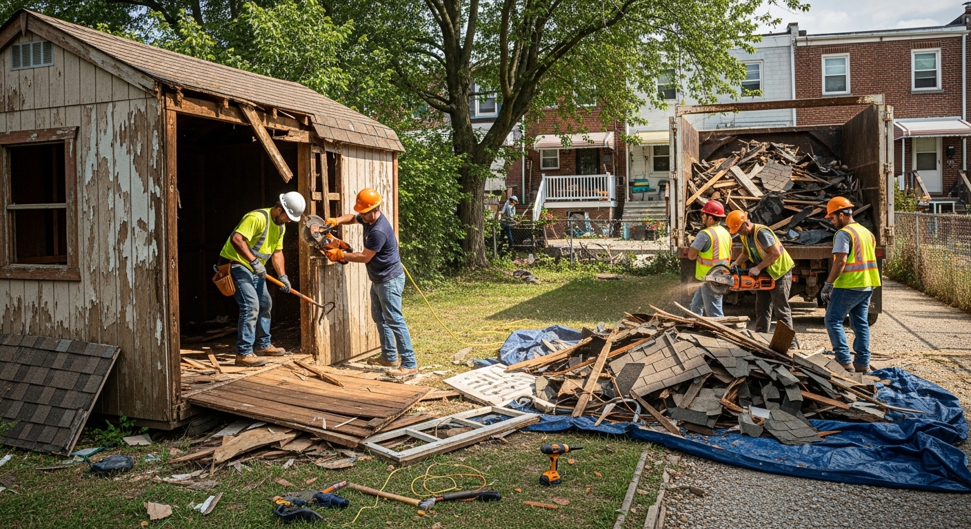 Old wooden garden shed ready for demolition